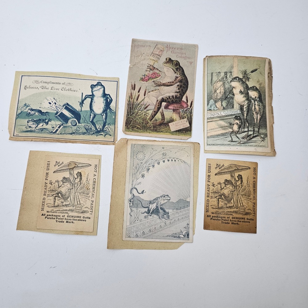 6 Vintage Victorian Frog Trade Cards Hoyt's Cologne Gutta Percha Paint Ephemera